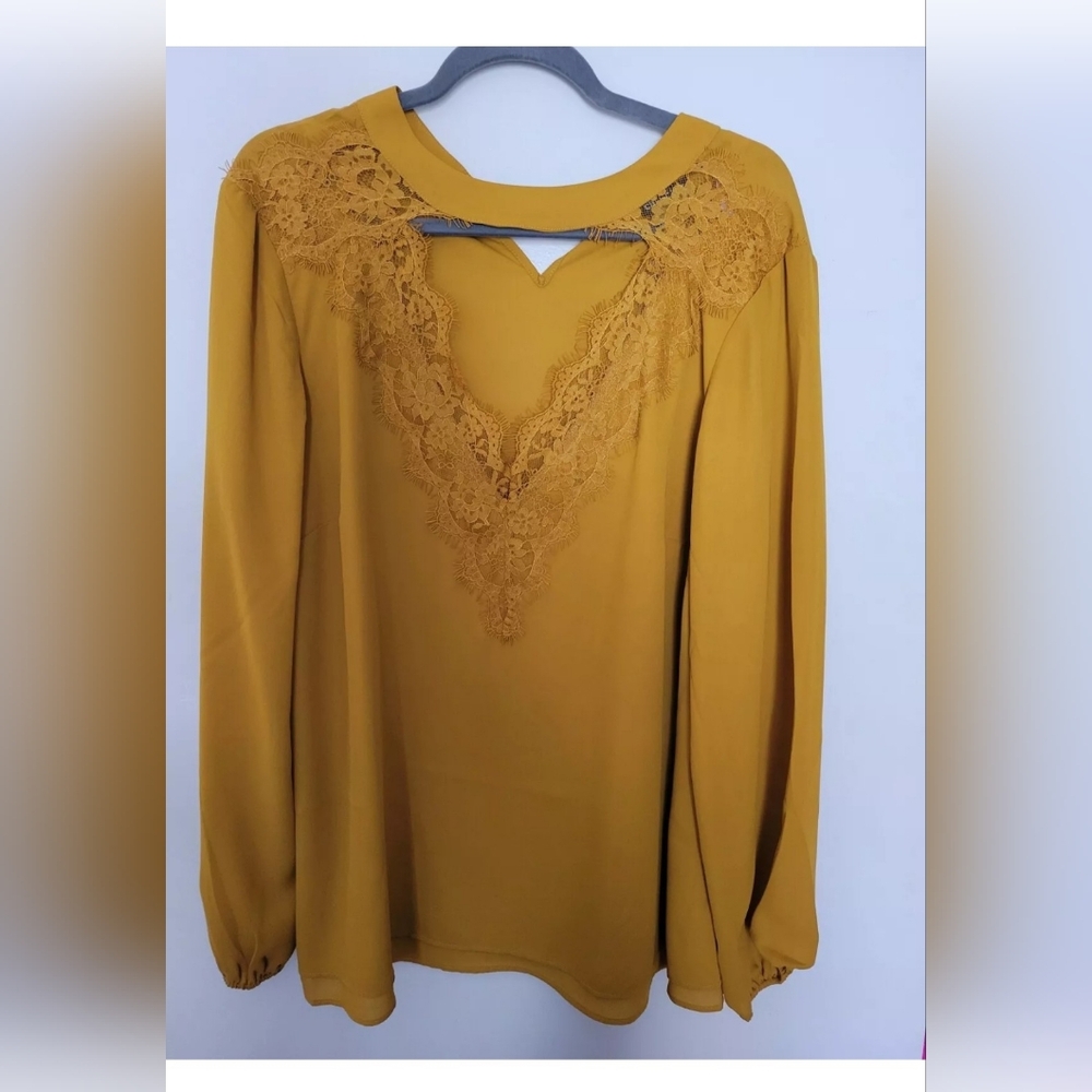 City Chic Mustard Brown Blouse W Lace Trim Size 14
